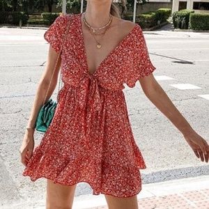 Boho red floral  v neck front tie ruffle dress